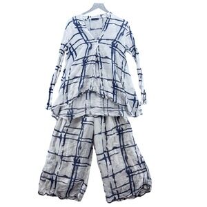 Baci Women Tie Dye‎ Cotton Silk Set Wide Leg Pant Size L Navy White Coastal Luxe